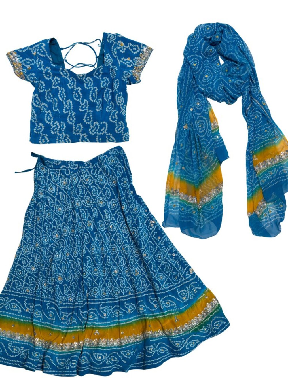 Blue and Gold Lehenga Choli Set with Dupatta Scarf and Beaded Embroidery Size XS